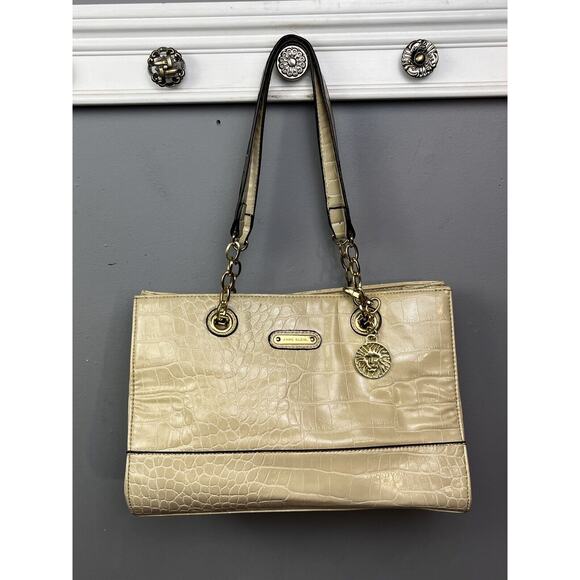 Anne Klein Coast Is Clear Purse Shoulderbag Tote Handbag Tan Cream Gold Chain - Picture 5 of 12